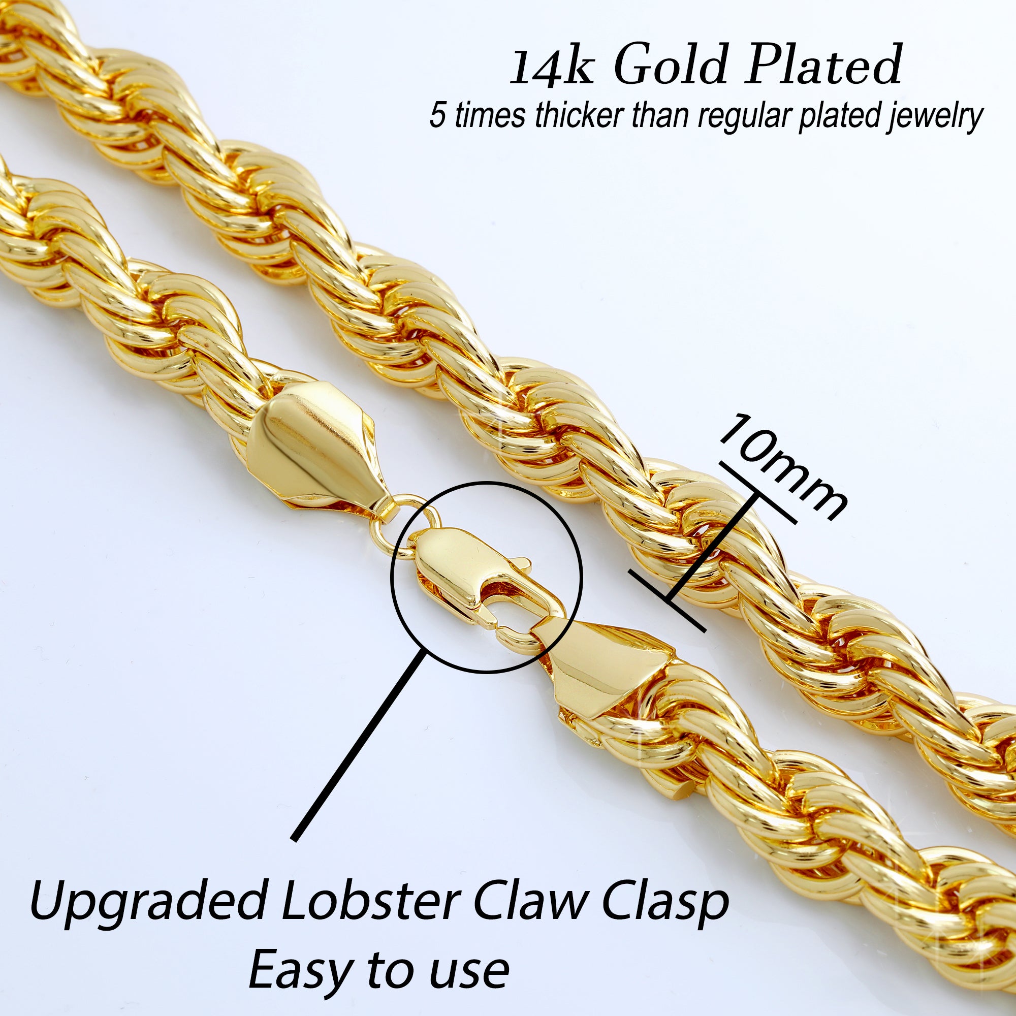 10mm Thick Gold Rope Chain 18'-30"