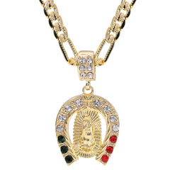 Mexican Horse Shoe Religious Guadalupe Pendant Cubic Zirconia Frost Figaro 24" Gold Plated