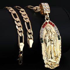 Rugged Oval Mexican Religious Guadalupe Pendant Cubic Zirconia Frost Figaro 24" Gold Plated