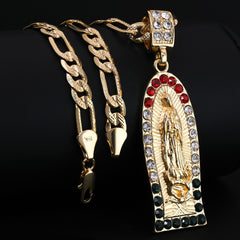 Oval Flat Thin Mexican Guadalupe Pendant Cubic Zirconia Frost Figaro 24" Gold Plated