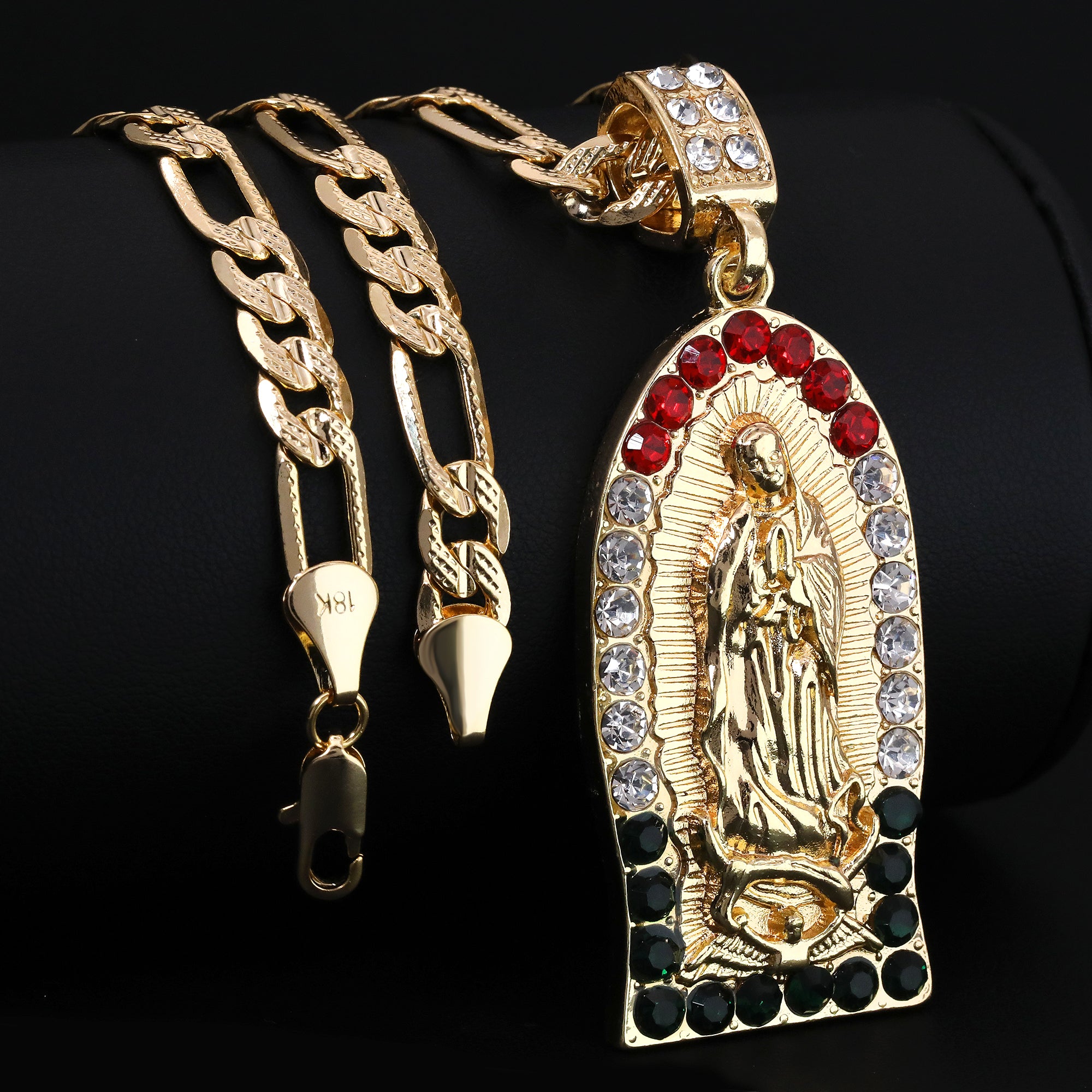 Oval Flat Bottom Mexican Guadalupe Pendant Cubic Zirconia Frost Figaro 24" Gold Plated