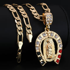 Mexican Horse Shoe Religious Guadalupe Pendant Cubic Zirconia Frost Figaro 24" Gold Plated