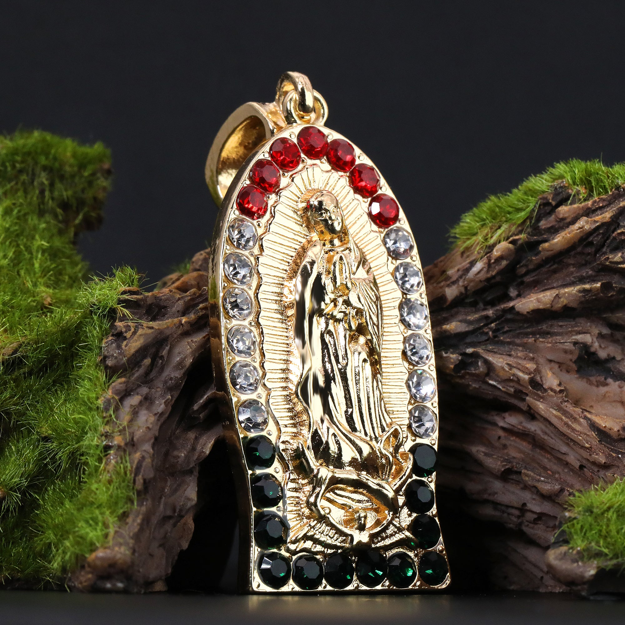 Oval Flat Bottom Mexican Guadalupe Pendant Cubic Zirconia Frost Figaro 24" Gold Plated