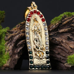 Oval Flat Thin Mexican Guadalupe Pendant Cubic Zirconia Frost Figaro 24" Gold Plated