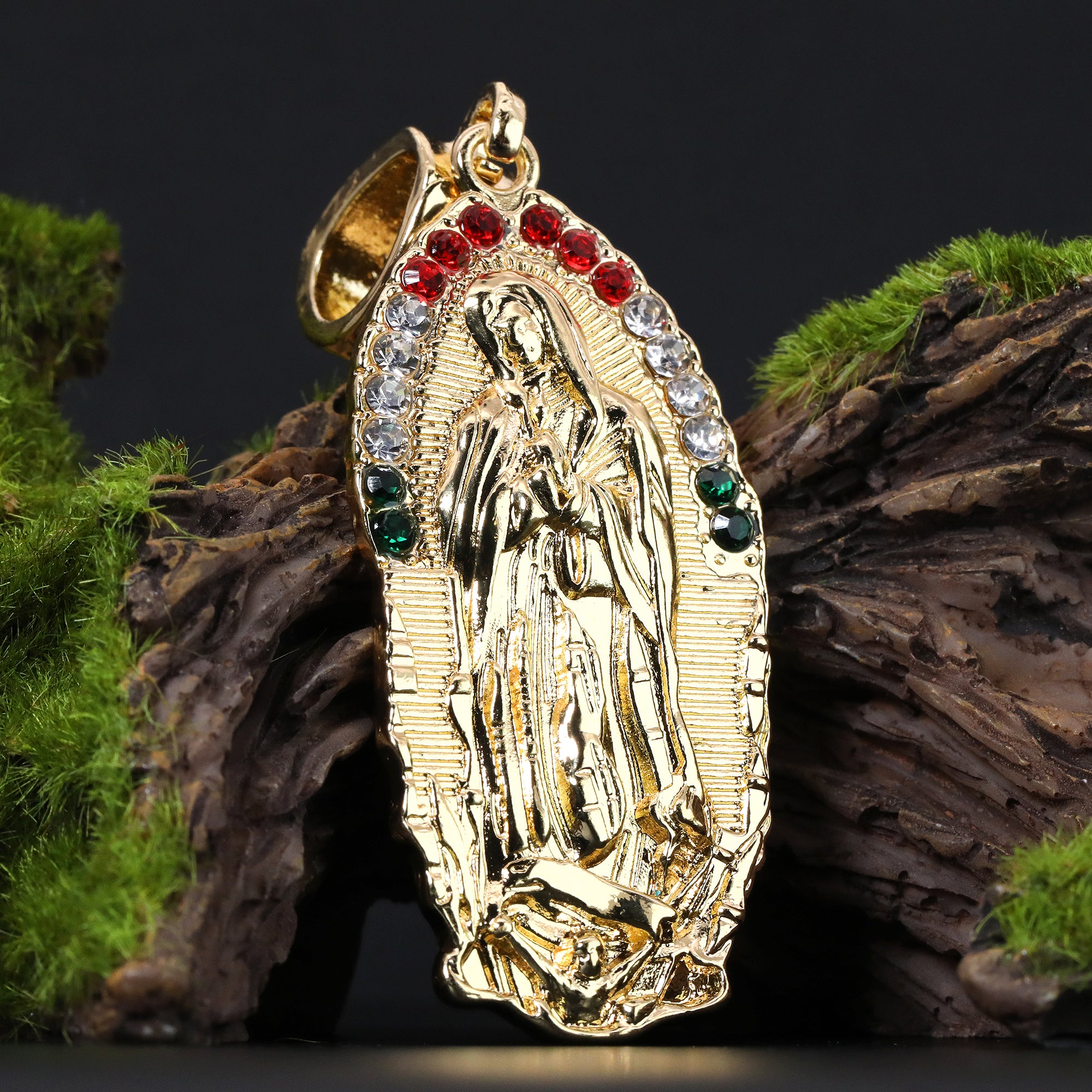 Rugged Oval Mexican Religious Guadalupe Pendant Cubic Zirconia Frost Figaro 24" Gold Plated
