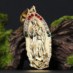 Rugged Oval Mexican Religious Guadalupe Pendant Cubic Zirconia Frost Figaro 24" Gold Plated