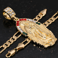 Rugged Oval Mexican Religious Guadalupe Pendant Cubic Zirconia Frost Figaro 24" Gold Plated