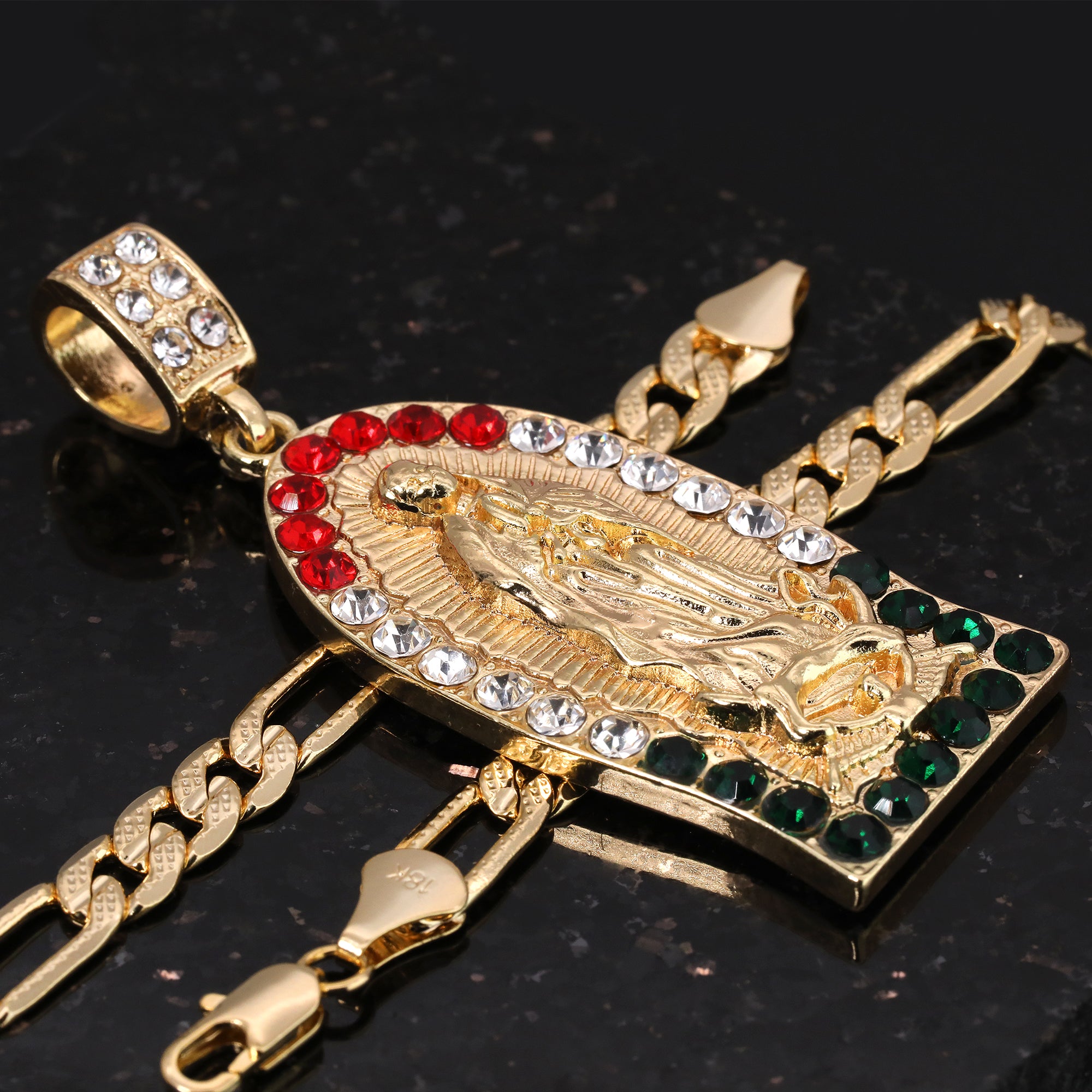 Oval Flat Bottom Mexican Guadalupe Pendant Cubic Zirconia Frost Figaro 24" Gold Plated