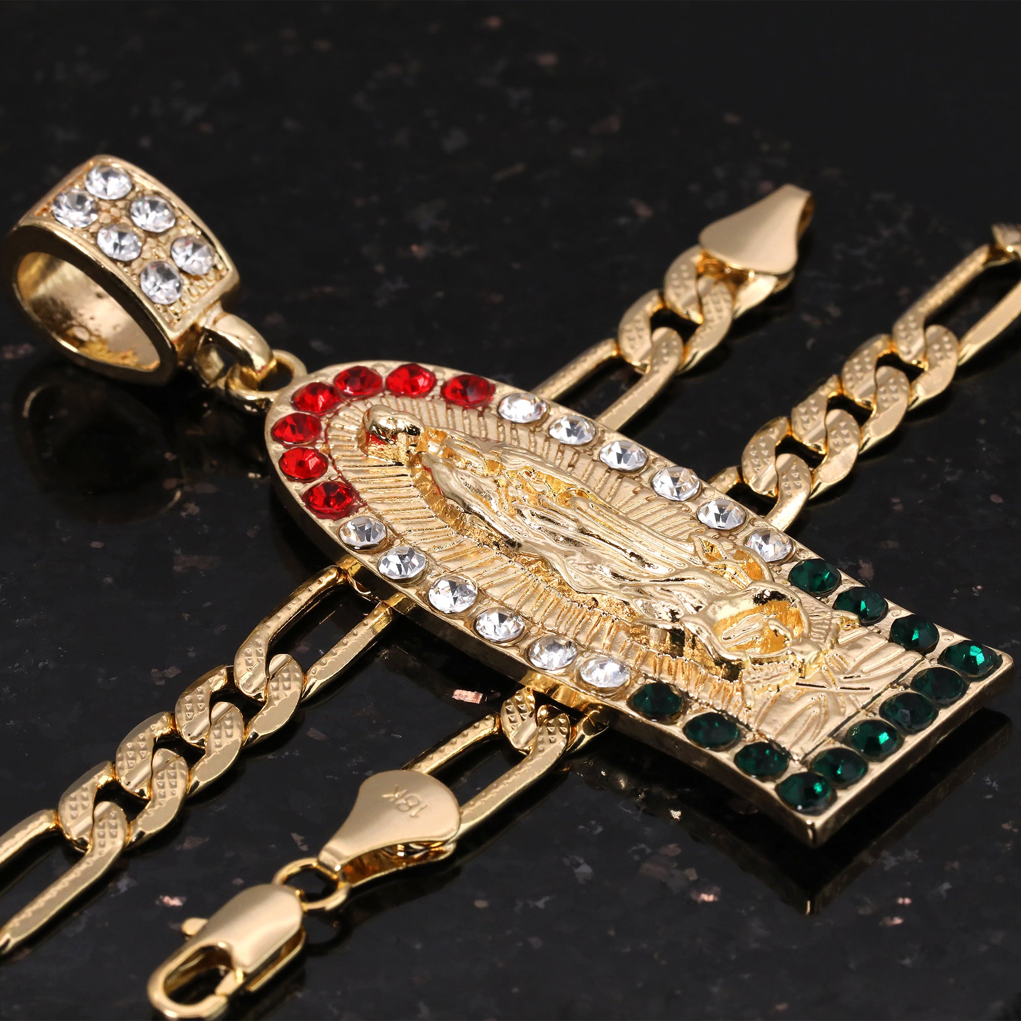 Oval Flat Thin Mexican Guadalupe Pendant Cubic Zirconia Frost Figaro 24" Gold Plated