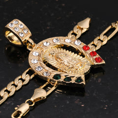 Mexican Horse Shoe Religious Guadalupe Pendant Cubic Zirconia Frost Figaro 24" Gold Plated