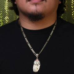 Rugged Oval Mexican Religious Guadalupe Pendant Cubic Zirconia Frost Figaro 24" Gold Plated