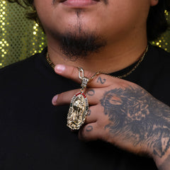 Rugged Oval Mexican Religious Guadalupe Pendant Cubic Zirconia Frost Figaro 24" Gold Plated