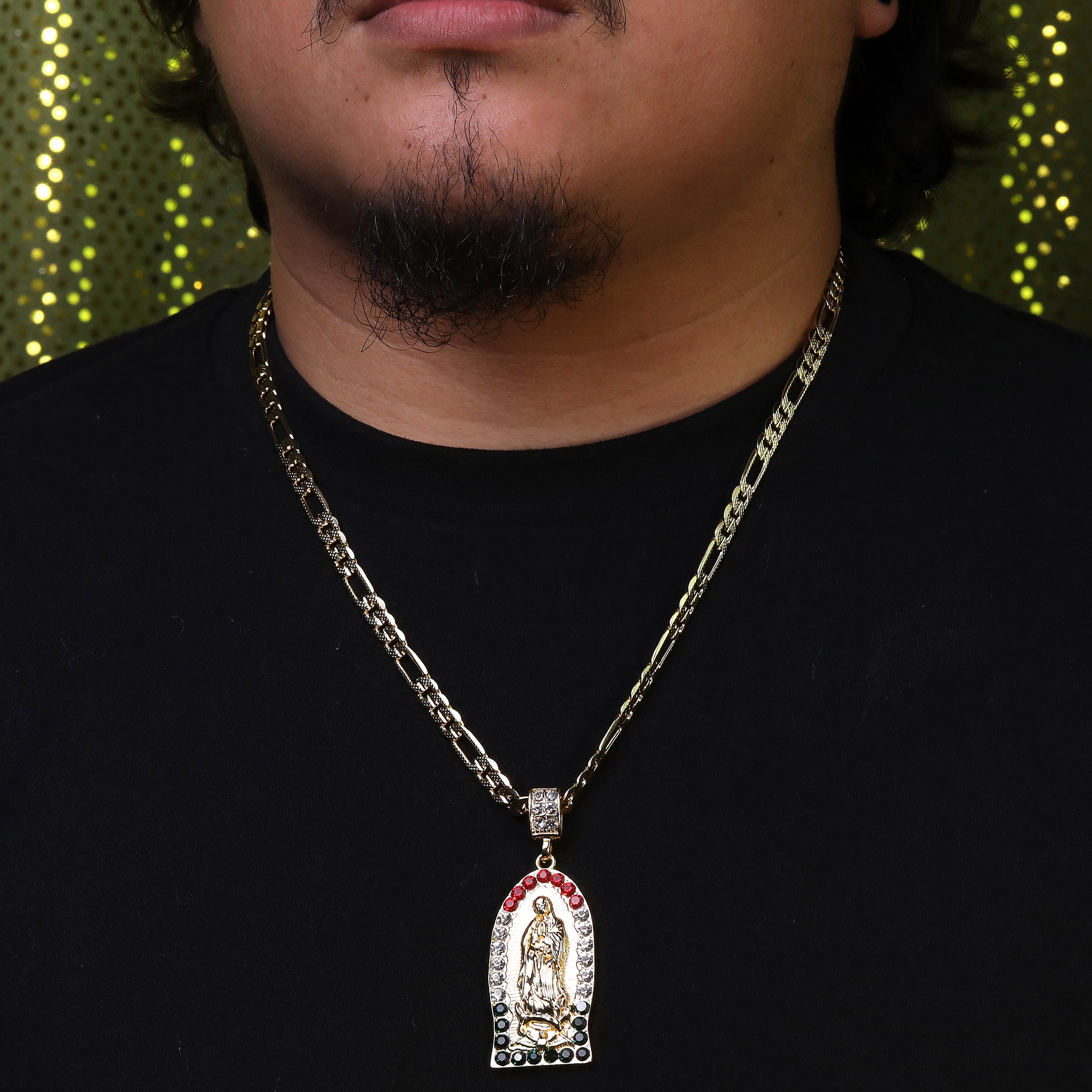 Oval Flat Bottom Mexican Guadalupe Pendant Cubic Zirconia Frost Figaro 24" Gold Plated