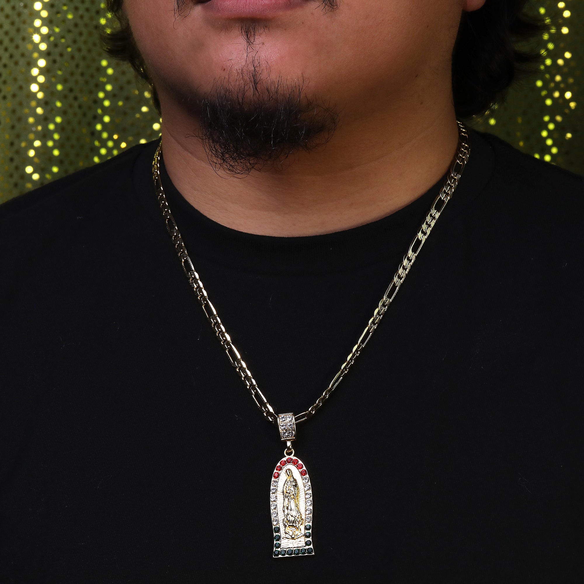 Oval Flat Thin Mexican Guadalupe Pendant Cubic Zirconia Frost Figaro 24" Gold Plated