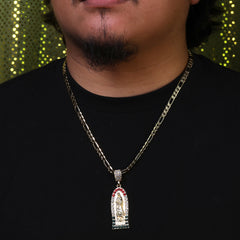 Oval Flat Thin Mexican Guadalupe Pendant Cubic Zirconia Frost Figaro 24" Gold Plated