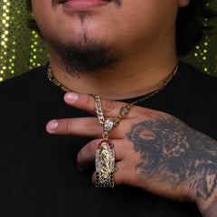 Oval Flat Thin Mexican Guadalupe Pendant Cubic Zirconia Frost Figaro 24" Gold Plated