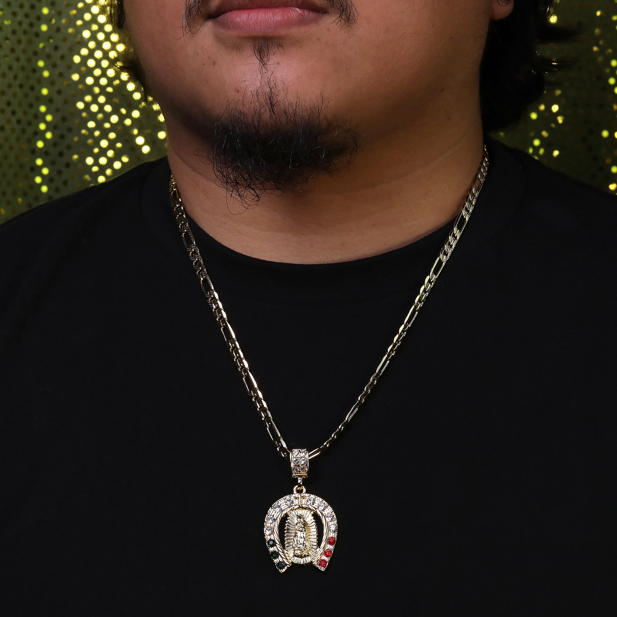Mexican Horse Shoe Religious Guadalupe Pendant Cubic Zirconia Frost Figaro 24" Gold Plated