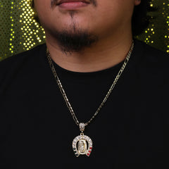 Mexican Horse Shoe Religious Guadalupe Pendant Cubic Zirconia Frost Figaro 24" Gold Plated