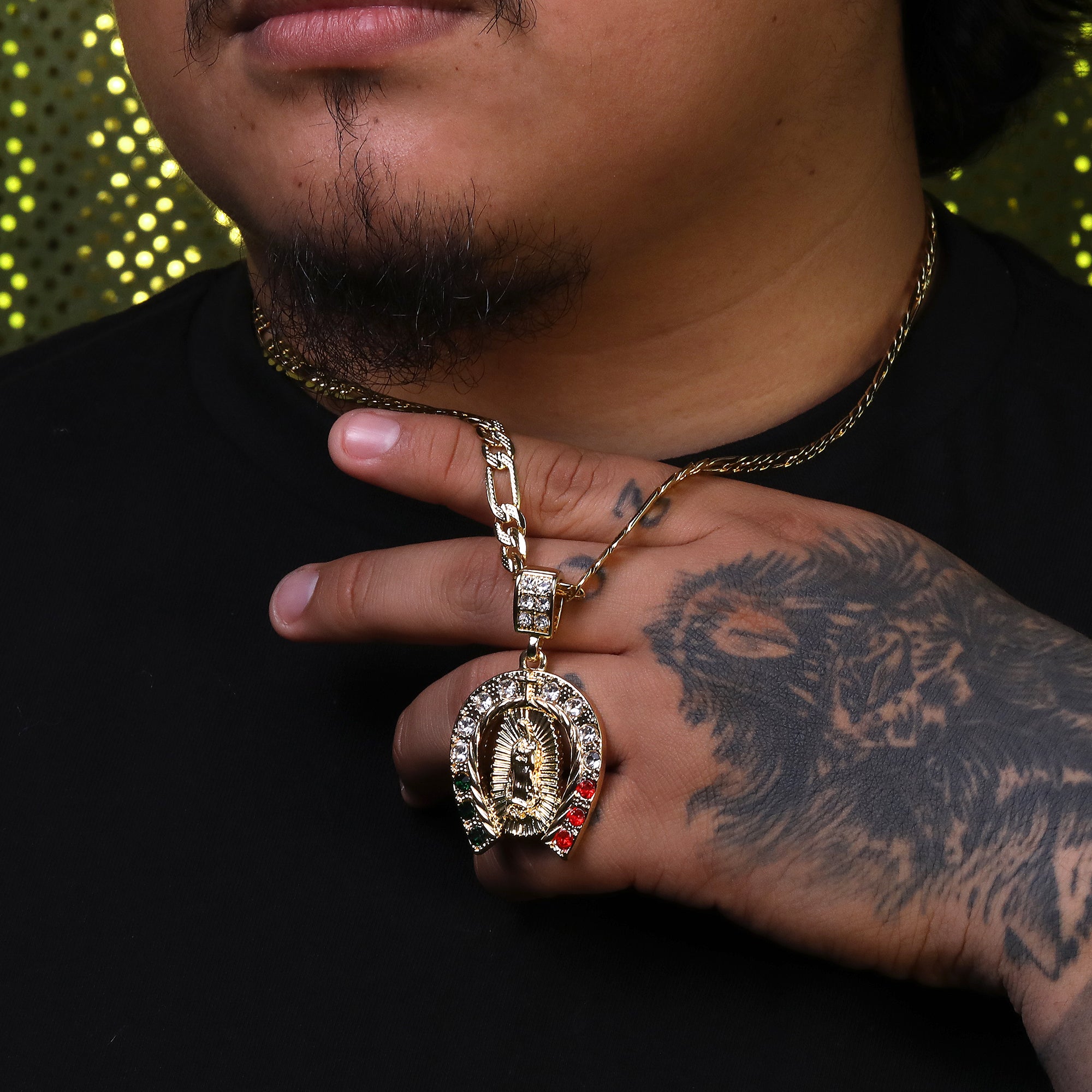 Mexican Horse Shoe Religious Guadalupe Pendant Cubic Zirconia Frost Figaro 24" Gold Plated