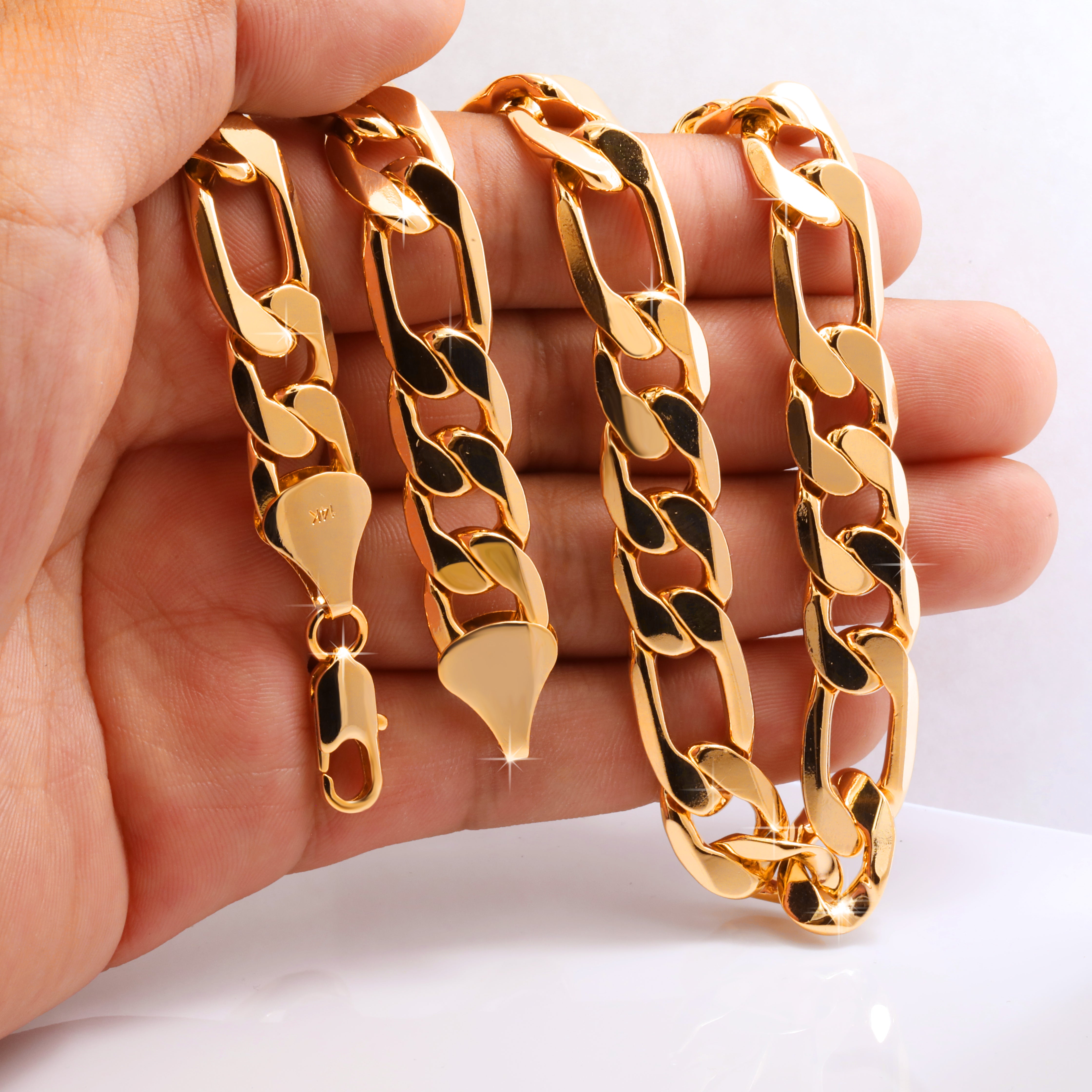 12 MM/24" FIGARO LINK CHAIN NECKLACE 14K REAL GOLD FILLED