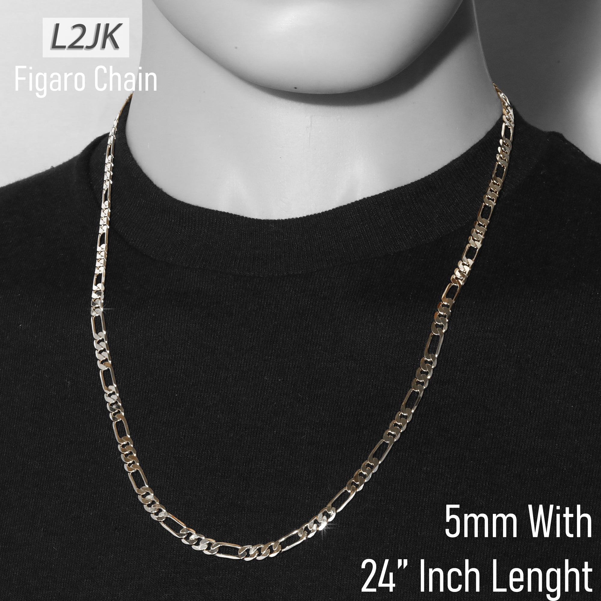 Silver Fillec 5mm-12mm/24" FIGARO LINK CHAIN NECKLACE