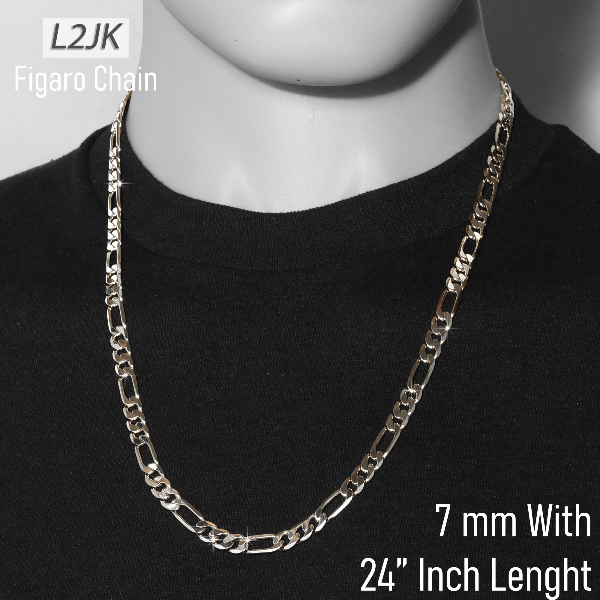 Silver Fillec 5mm-12mm/24" FIGARO LINK CHAIN NECKLACE