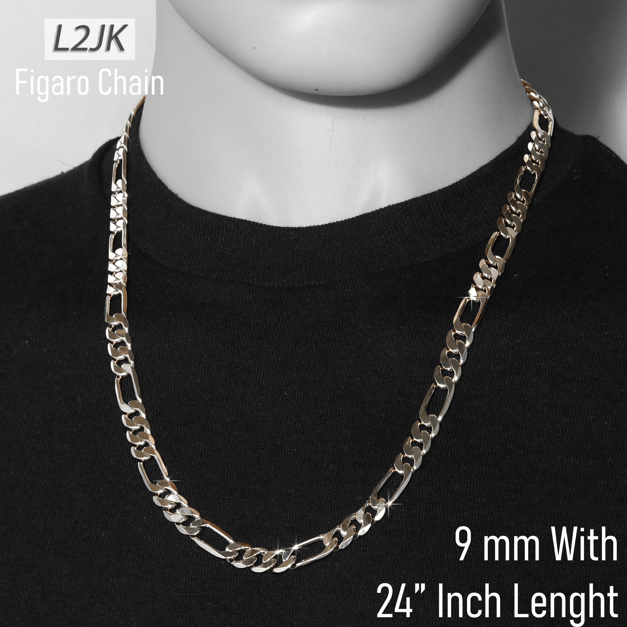 Silver Fillec 5mm-12mm/24" FIGARO LINK CHAIN NECKLACE