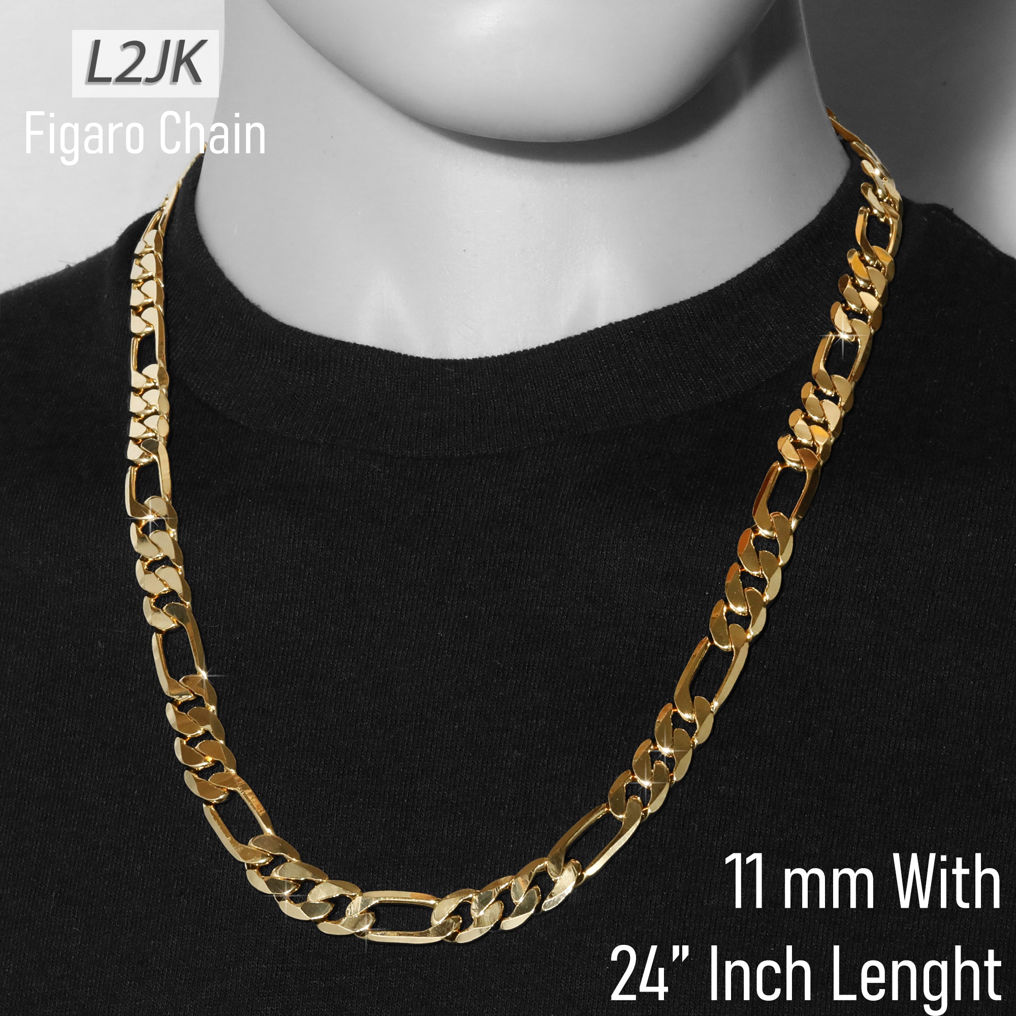 11 MM/24" FIGARO LINK CHAIN NECKLACE 14K REAL GOLD FILLED
