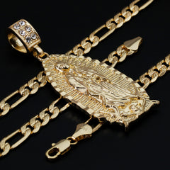 Oval Flat Bottom Plain Guadalupe Pendant Cubic Zirconia Figaro 24" Gold Plated