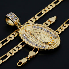Oval Wave Plain Guadalupe Pendant Cubic Zirconia Frost Figaro 24" Gold Plated
