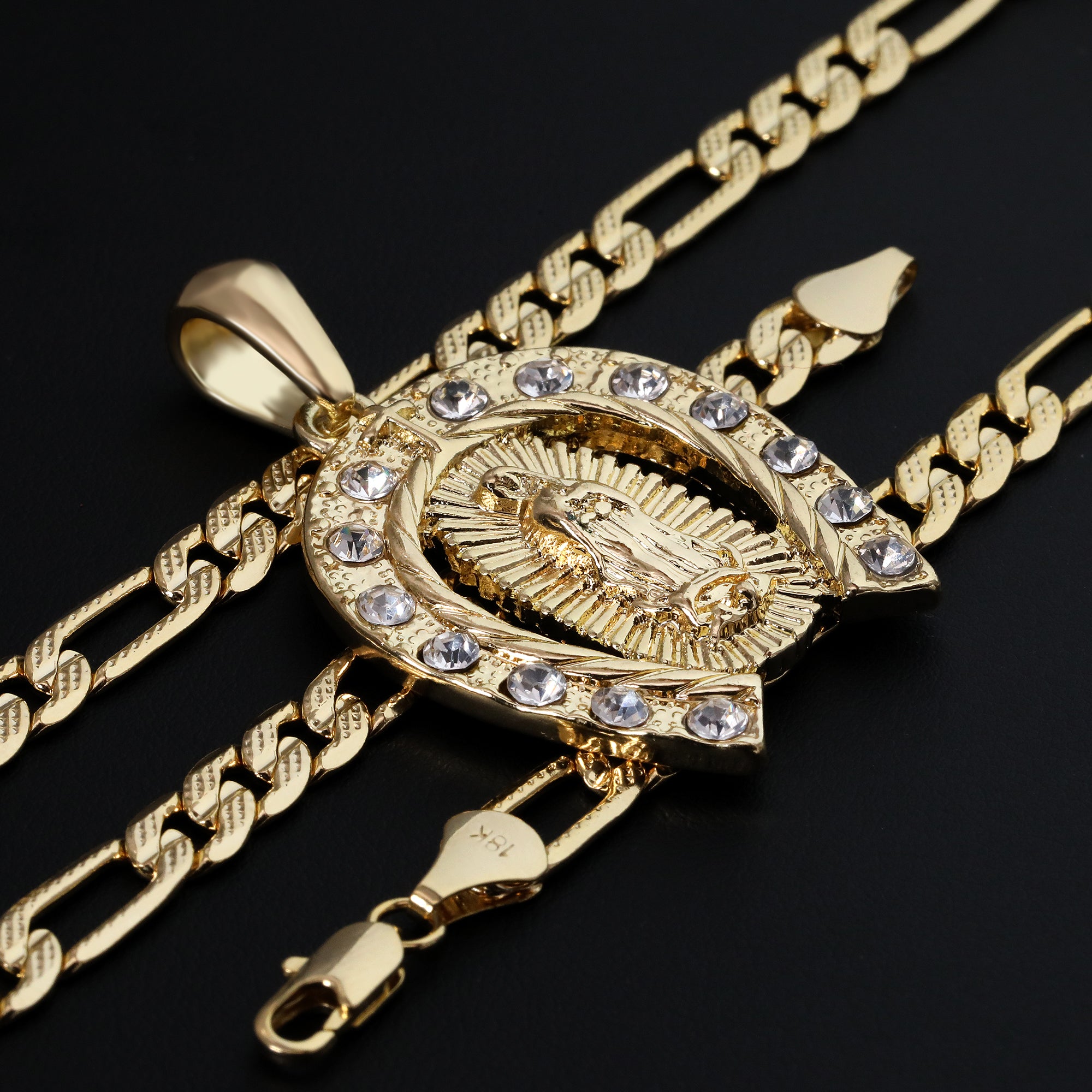 Horse Shoe Plain Hook Guadalupe Pendant Cubic Zirconia Figaro 24" Gold Plated