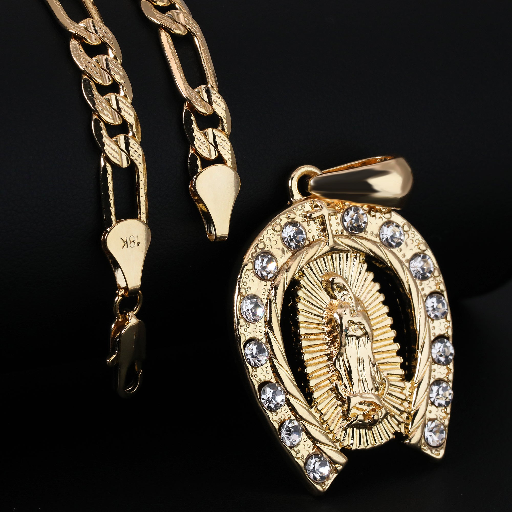 Horse Shoe Plain Hook Guadalupe Pendant Cubic Zirconia Figaro 24" Gold Plated