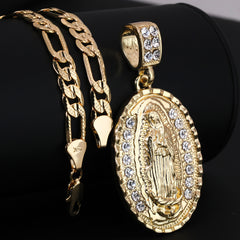 Oval Wave Plain Guadalupe Pendant Cubic Zirconia Frost Figaro 24" Gold Plated