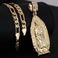 Oval Flat Bottom Plain Guadalupe Pendant Cubic Zirconia Figaro 24" Gold Plated