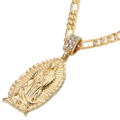 Oval Flat Bottom Plain Guadalupe Pendant Cubic Zirconia Figaro 24" Gold Plated
