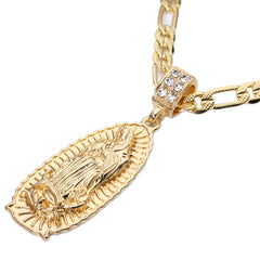 Long Guadalupe Pendant 18k Gold Plated Italy Figaro Chain For Men 24" Necklace