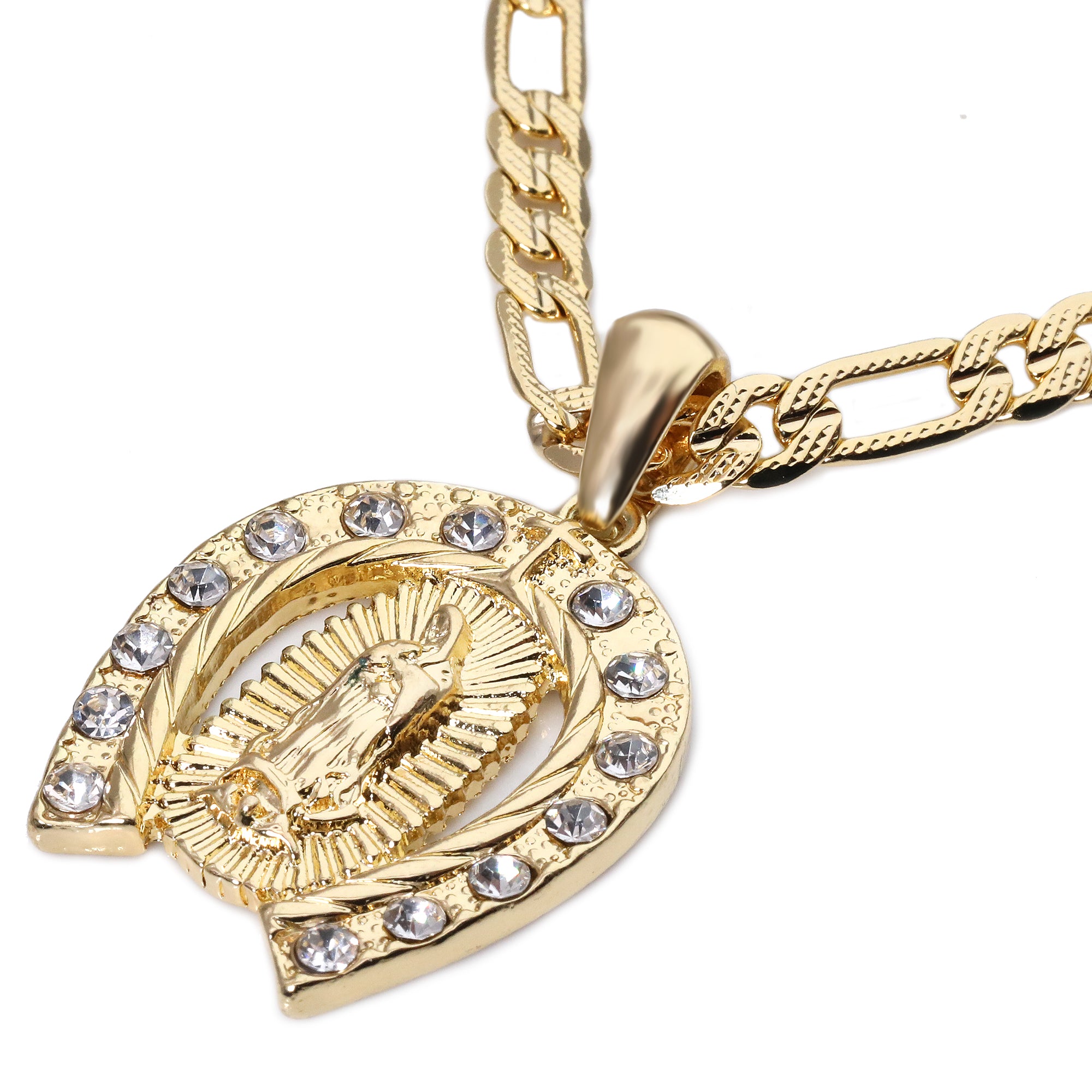 Horse Shoe Plain Hook Guadalupe Pendant Cubic Zirconia Figaro 24" Gold Plated