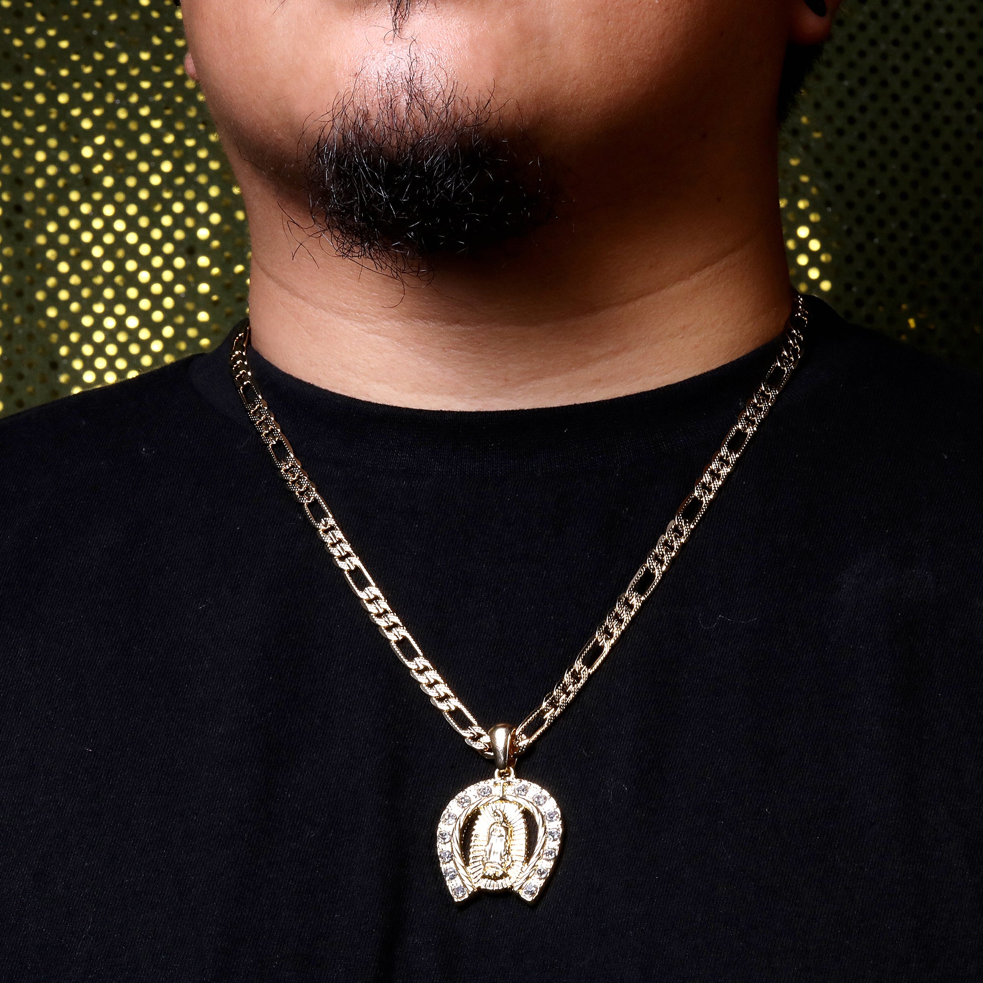 Horse Shoe Plain Hook Guadalupe Pendant Cubic Zirconia Figaro 24" Gold Plated