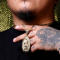 Oval Flat Bottom Plain Guadalupe Pendant Cubic Zirconia Figaro 24" Gold Plated