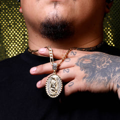 Oval Wave Plain Guadalupe Pendant Cubic Zirconia Frost Figaro 24" Gold Plated