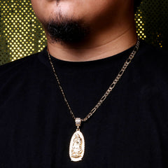 Long Guadalupe Pendant 18k Gold Plated Italy Figaro Chain For Men 24" Necklace