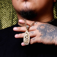 Long Guadalupe Pendant 18k Gold Plated Italy Figaro Chain For Men 24" Necklace