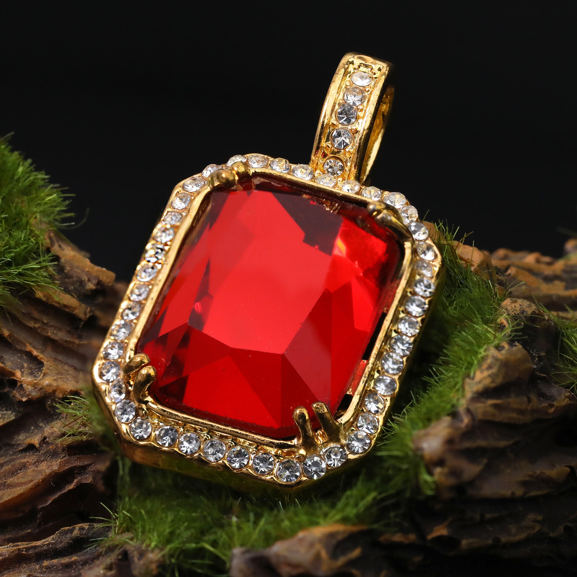 Cubic-Zirconia Mini Red Stone Pendant 3mm 24" Cuban Chain Gold Plated Necklace