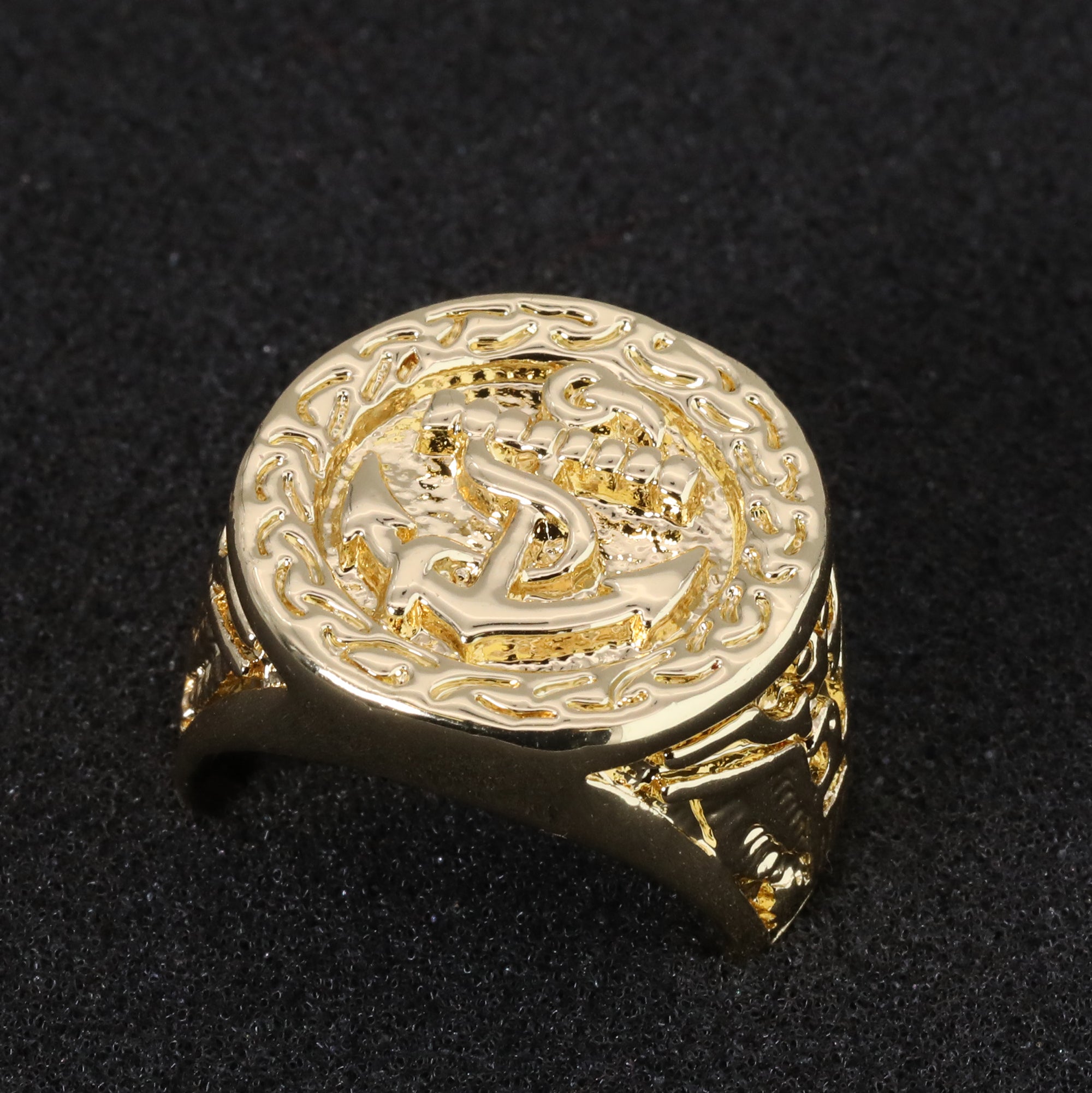 18k Gold Army Flag Batch American Anchor Ring Plated