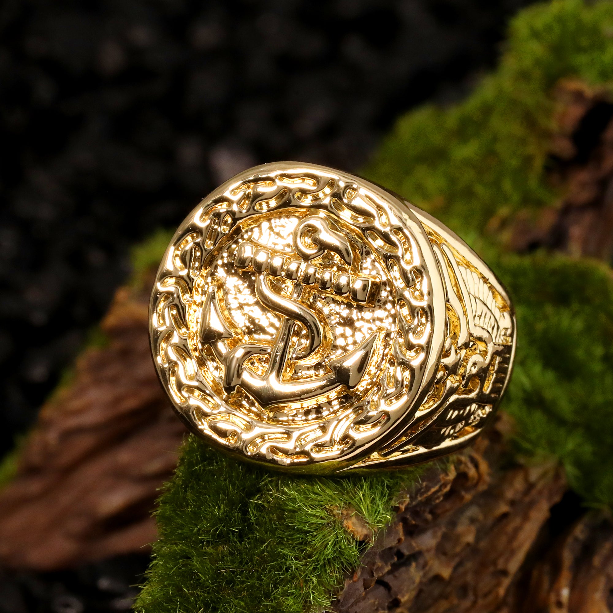 18k Gold Army Flag Batch American Anchor Ring Plated