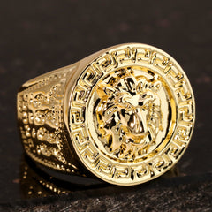 18k Gold Lion Greek Pattern Ring Plated