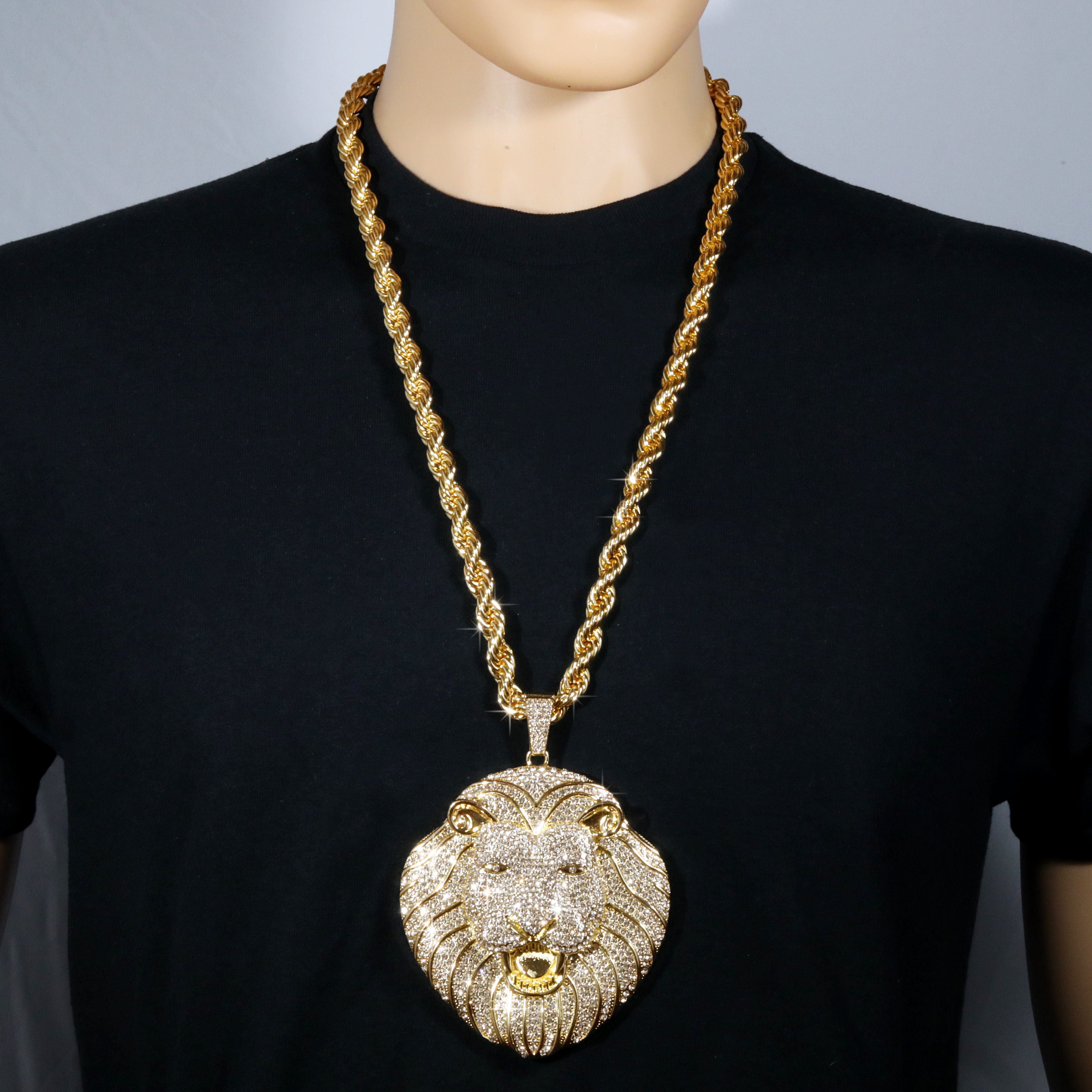 Huge Extra Large "Lion Face" 14k Gold Plated Pendant & Rope Chain