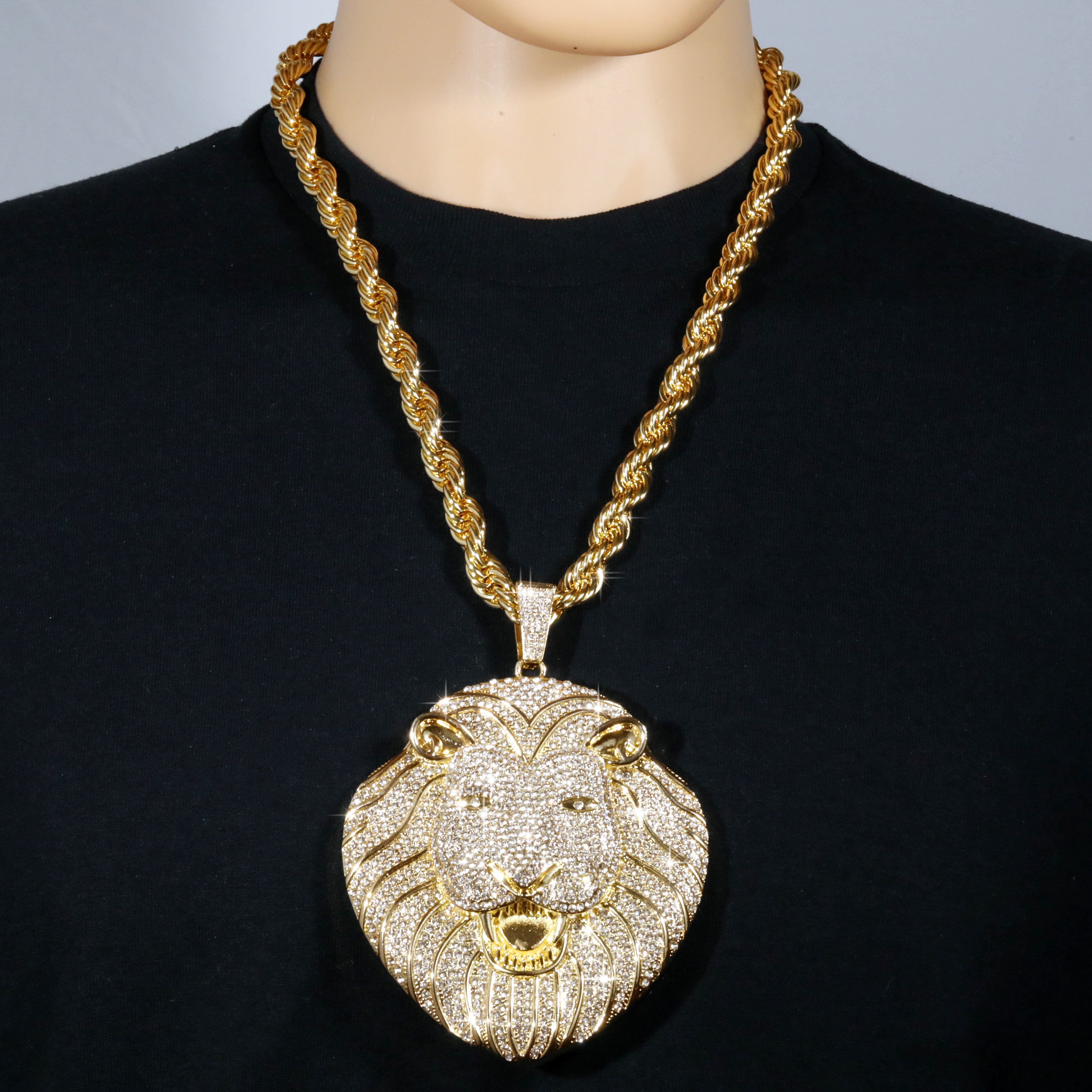 Huge Extra Large "Lion Face" 14k Gold Plated Pendant & Rope Chain
