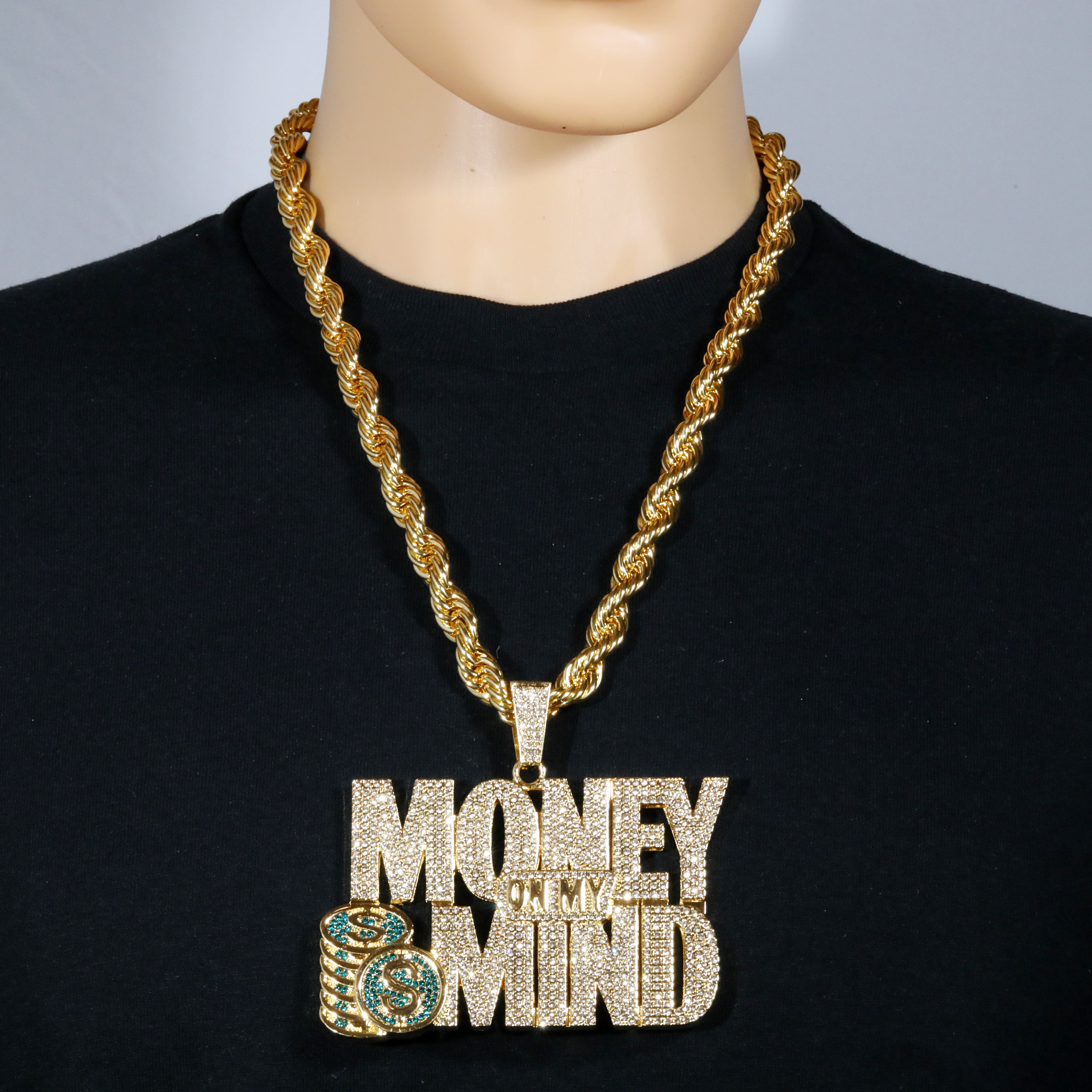 Huge Extra Large "MONEY ON MY MIND" 14k Gold Plated Pendant & Rope Chain