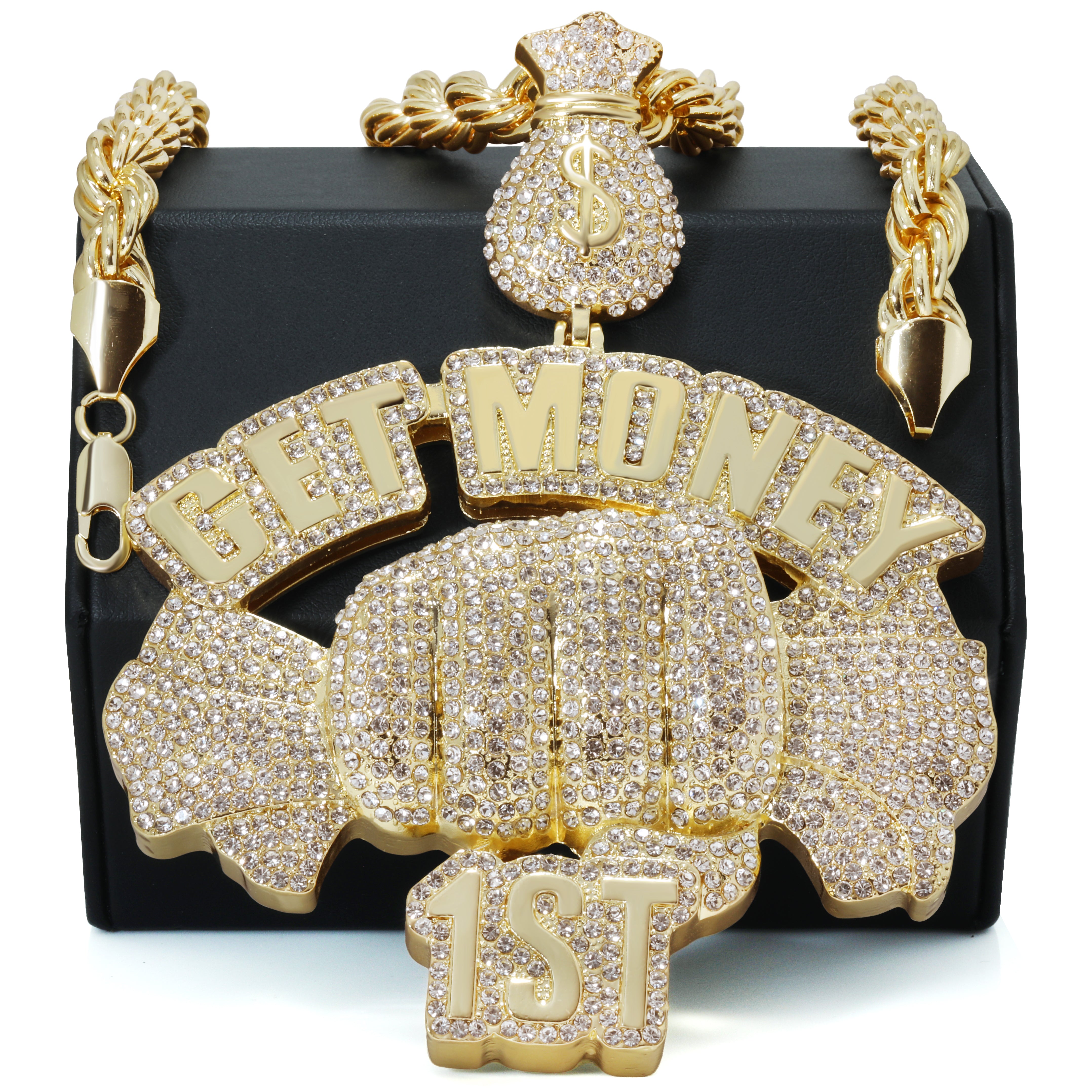 Huge Extra Large " GET MONEY 1ST " Fully Iced | 14k Gold Plated Necklace